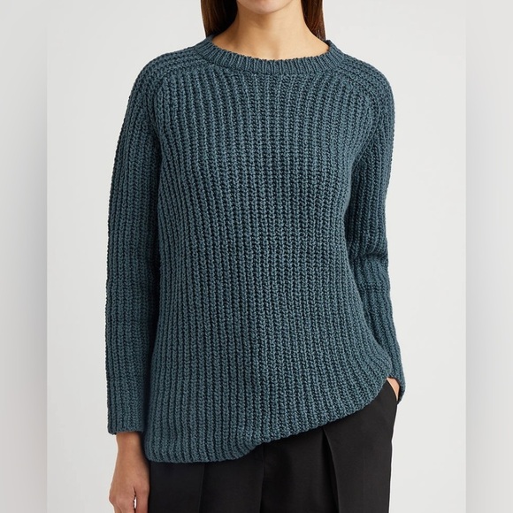 Eileen Fisher Chunky Knit Cotton Sweater Blue Ribbed Crew Neck Raglan Sleeve S P - Picture 1 of 13